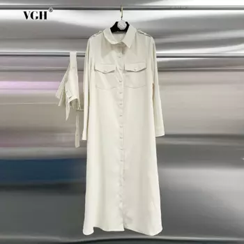 VGH однотонное элегантное платье для женщин с лацканами и длинными рукавами, свободная талия, лоскутное платье с несколькими карманами, женское новое платье миди