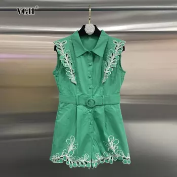 VGH однотонное женское боди с вышивкой и лацканами без рукавов с высокой талией в стиле пэчворк, боди, женская модная стильная одежда