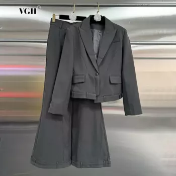 VGH Темпераментные комплекты из двух предметов для женщин, блейзер с зубчатым воротником и длинными рукавами, широкие брюки с высокой талией, тонкий однотонный комплект, женский новый