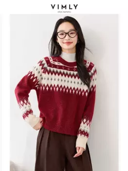VIMLY женский осенне-зимний винтажный рождественский вязаный свитер с круглым вырезом и геометрическим рисунком, повседневный простой толстый пуловер с длинными рукавами, трикотаж