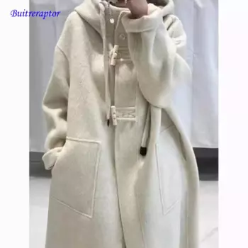 Винтажное элегантное двустороннее кашемировое пальто для женщин, осень-зима 2023, высококачественное утолщенное свободное шерстяное пальто большого размера с капюшоном