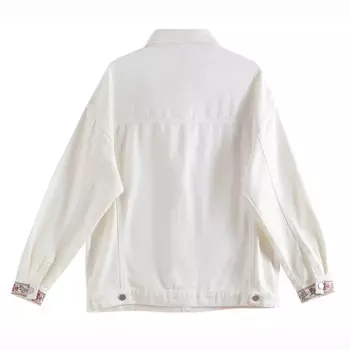 Винтажная белая джинсовая куртка с цветочной вышивкой, свободная повседневная куртка с лацканами и длинными рукавами, весенне-осенняя новая женская джинсовая куртка, пальто