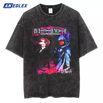 Винтажная черная футболка в стиле Харадзюку, футболка с аниме графическим принтом, Мужская Уличная одежда, промытая футболка, летние хлопковые футболки унисекс с коротким рукавом