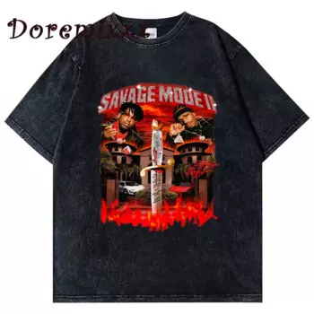 Винтажная футболка с эффектом потертости 90, футболки с принтом 21 Savage and Metro Boomin Drop, Футболки унисекс с принтом «Savage Mode ii», хлопковая Футболка большого размера