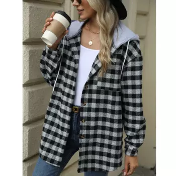 Винтажная клетчатая рубашка в стиле Харадзюку, повседневные блузки с длинным рукавом, женский корейский топ оверсайз, шерстяное пальто в стиле пэчворк с капюшоном