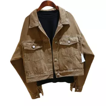Винтажная коричневая джинсовая куртка женская с длинным рукавом и большим карманом ковбойская верхняя одежда осенняя новая корейская свободная короткая джинсовая куртка пальто женское