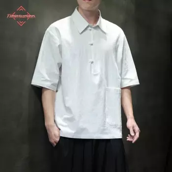 Винтажная летняя рубашка с лацканами для мужчин из хлопка и льна, удобная дышащая футболка, футболка с короткими рукавами Тан