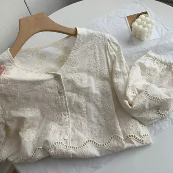 Винтажная милая хлопковая рубашка с длинными пышными рукавами и вышивкой, осенняя корейская молодежная рубашка в стиле ретро для девочек, элегантная красивая свободная блузка