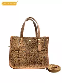 Винтажная офисная дамская сумочка-тоут из натуральной воловьей кожи с Цветочным Тиснением, дизайнерская женская сумка на одно плечо, элегантные сумки-ведра