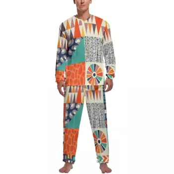 Винтажная пижама в скандинавском стиле с длинным рукавом из Африки, комплект из двух предметов для отдыха, осенний мужской милый домашний костюм с графическим рисунком