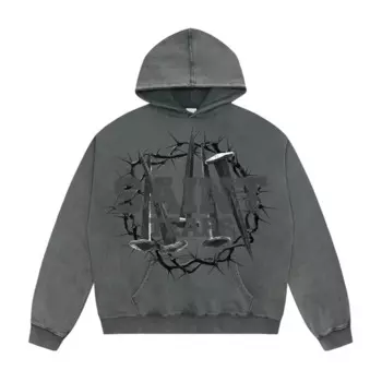 Винтажная потертая черно-серая уличная одежда с капюшоном, Высококачественная Мужская и женская хлопковая толстовка оверсайз с рисунком