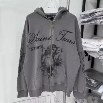 Винтажная потертая серая миндальная хипстерская толстовка на молнии, куртка высокого качества, большая толстая ткань, мужская и женская уличная толстовка с капюшоном