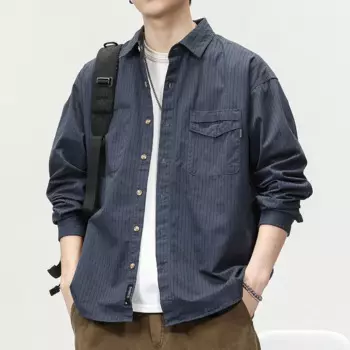 Винтажная рубашка в полоску, мужское пальто, весна-осень, Свободная Повседневная рубашка-карго, мужская рубашка с длинным рукавом
