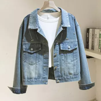 Винтажная синяя джинсовая куртка с большими карманами и бриллиантами, Женская свободная короткая джинсовая куртка, Женская Осенняя Корейская джинсовая куртка