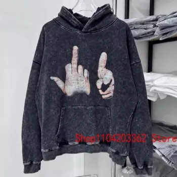 Винтажная стираная черная толстовка Kanye West, классическая мужская уличная толстовка с капюшоном в стиле хип-хоп с принтом жестов, свободный пуловер, настоящая фотография