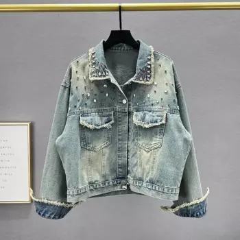 Винтажная стираная светло-голубая джинсовая куртка с потертыми заусенцами и ромбовидными лацканами с длинным рукавом, свободная повседневная весенняя новая женская джинсовая куртка, пальто