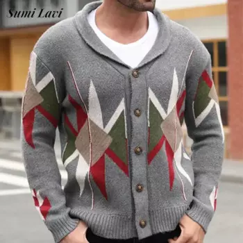 Винтажная вязаная куртка с геометрическим рисунком, мужской свитер, модный приталенный свитер на пуговицах с длинным рукавом на осень и зиму, мужские вязаные пальто