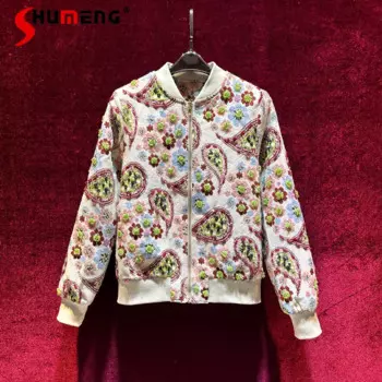 Винтажная жаккардовая куртка с длинным рукавом и бусинами для тяжелой промышленности, бейсбольная куртка, Женская Осенняя универсальная куртка 2024