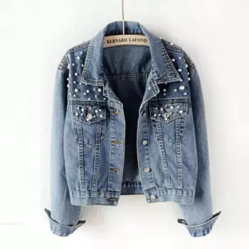 Винтажная женская верхняя одежда 2024, женская короткая джинсовая куртка, куртка с жемчугом и бисером, свободная весенне-осенняя новая джинсовая куртка