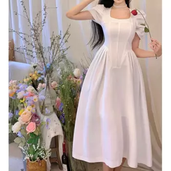 Винтажное белое платье, женское платье с квадратным вырезом, летнее вечернее платье, женская одежда, лоскутное платье с пышными рукавами, роскошное облегающее вечернее платье