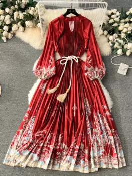 Винтажное дизайнерское платье в европейском и американском стиле с принтом, длинное сверхпрочное плиссированное платье с пышными рукавами, Весенняя женская юбка