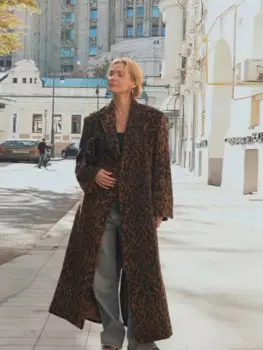 Винтажное длинное пальто с леопардовым принтом и разрезом сзади для женщин, элегантное пальто с боковыми застежками и пуговицами, с лацканами и длинными рукавами, шикарное женское новое пальто