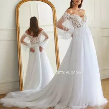 Винтажное длинное Тюлевое свадебное платье с открытыми плечами, длинными рукавами и кружевной аппликацией, ТРАПЕЦИЕВИДНОЕ свадебное платье со шлейфом в стиле часовни