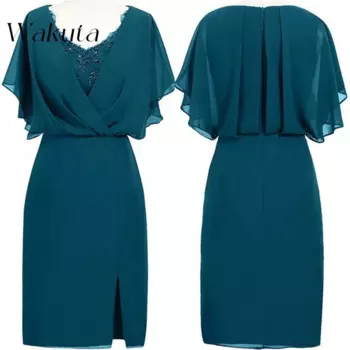 Винтажное однотонное платье с V-образным вырезом и коротким рукавом