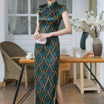 Винтажное платье Ципао на пуговицах, длинные платья с разрезом сбоку, китайские женские шелковые ретро платья с коротким рукавом, вечернее платье