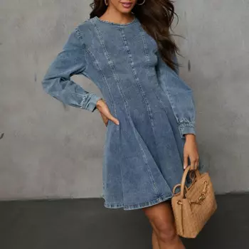 Винтажное повседневное однотонное джинсовое платье, женское весеннее мини-платье-трапеция с круглым вырезом и подолом, новое осеннее платье-пуловер с длинным рукавом