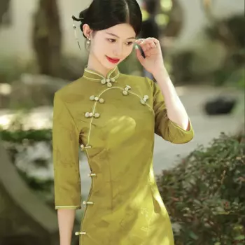 Винтажное традиционное китайское платье, женское приталенное платье-Ципао с воротником-стойкой, классическое элегантное вечернее платье с длинным рукавом