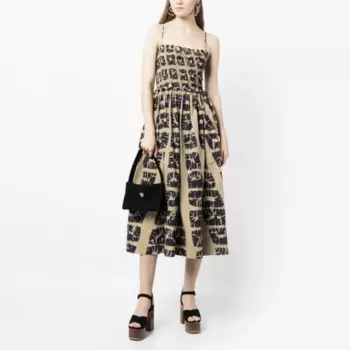 Винтажное женское платье на бретелях с принтом, новинка 2023, модное платье миди с высокой талией