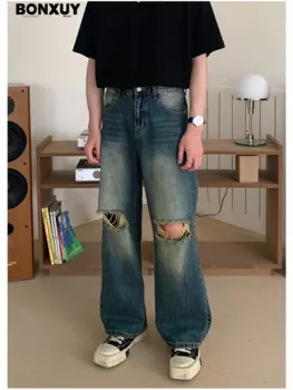 Винтажные белые рваные джинсы BONXUY в стиле ретро, мужские летние свободные прямые универсальные брюки с широкими штанинами, длинные брюки