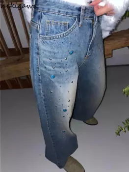 Винтажные брюки с широкими штанинами для женщин, уличная одежда, джинсы в стиле Харадзюку, джинсовые брюки с заклепками, повседневные шикарные прямые женские Панталоны с высокой талией
