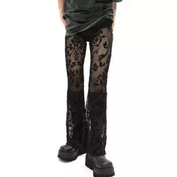 Винтажные черные повседневные кружевные брюки с цветочной вышивкой для женщин, новинка весны 2024, прозрачные пикантные облегающие брюки с высокой талией и широкими штанинами