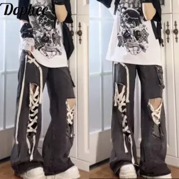 Винтажные джинсы Dophee в американском стиле для девушек, прямые джинсовые брюки с высокой талией и широкими штанинами