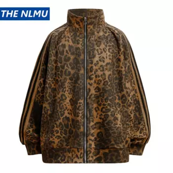 Винтажные леопардовые куртки, пальто на молнии, уличная одежда 2024, в стиле Харадзюку, в стиле хип-хоп, с воротником-стойкой, замшевая куртка, верхняя одежда
