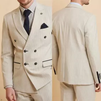 Винтажные полосатые мужские свадебные костюмы, двубортные смокинги с отложным воротником и заостренным воротником, костюм для жениха, 2 шт., блейзер с брюками, мужской костюм