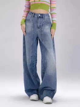 Винтажные потертые джинсы для женщин 2024, новые свободные повседневные широкие брюки с высокой талией, джинсовые брюки с карманами, яркие синие брюки, женские Y2K