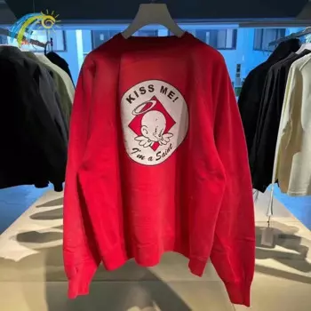 Винтажные потертые красные свитшоты 24FW, свитшоты в стиле Сен, для мужчин и женщин, в масштабе 1:1, лучшее качество, пуловер с надписью KISS ME Baby 2020