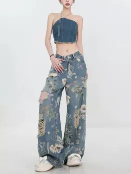 Винтажные рваные джинсовые брюки Y2K, мешковатые уличные джинсы в американском ретро-стиле с принтом, прямые ковбойские брюки в стиле хип-хоп с высокой талией