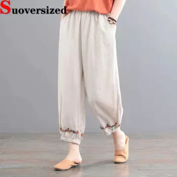 Винтажные шаровары с вышивкой, летние хлопковые льняные мешковатые брюки, повседневные женские брюки с высокой талией, большие размеры 4xl, брюки для мам