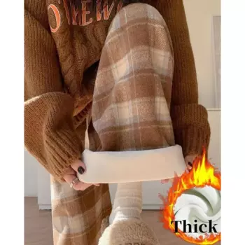 Винтажные толстые брюки с подкладкой в клетку, женские осенне-зимние теплые повседневные прямые широкие брюки с высокой талией, брюки Y2K в стиле хип-хоп