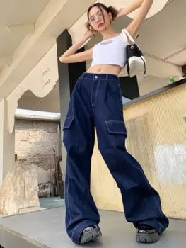 Винтажные уличные джинсовые брюки Y2K, свободные джинсовые брюки в стиле Харадзюку с широкими штанинами, синие джинсовые брюки, осень 4599