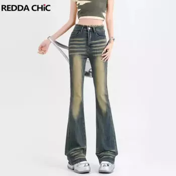 Винтажные зеленые женские расклешенные джинсы REDDACHiC с высокой посадкой и необработанным подолом, облегающие состаренные джинсовые брюки с бахромой Y2k, уличная одежда
