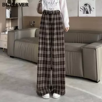 Винтажные женские прямые брюки BGTEEVER на одной пуговице, повседневные эластичные с высокой талией, утепленные бархатные женские брюки в клетку с широкими штанинами