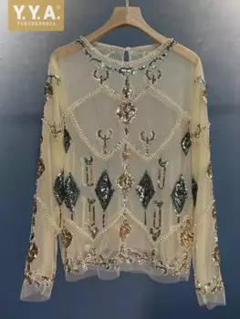Винтажные женские весенние новые прозрачные блестящие топы с блестками, элегантные женские футболки с вышивкой бисером и блестками, пуловеры с круглым вырезом, футболки, топы
