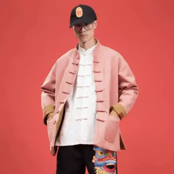 Винтажный бархатный розовый костюм Тан с воротником-стойкой и пуговицами-пластинами, верхняя одежда в китайском стиле, мужская повседневная куртка тай-чи кунг-фу на весну и осень