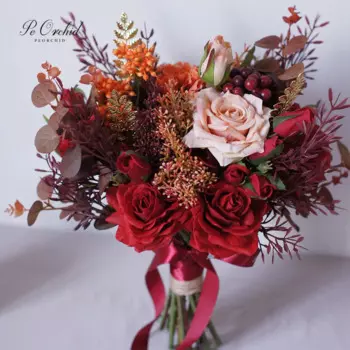 Винтажный бордовый свадебный букет PEORCHID, искусственные цветы, украшение, новый свадебный букет с золотой брошью