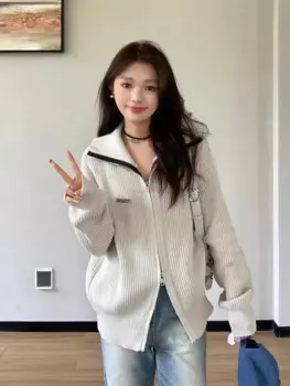 Винтажный кардиган Y2k в стиле Харадзюку, однотонный вязаный свитер на молнии с отложным воротником, универсальная женская одежда свободного кроя на осень и зиму